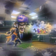 An abstract Waluigi smiling in front of a portal.